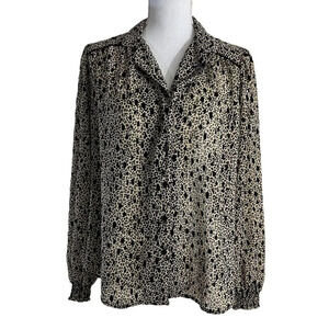 TopShop Beige and Black Spotted Button Up Blouse Size 10 Sheer Long Sleeves Top